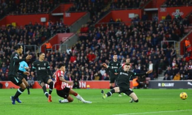 Mateus Fernandes (in red) gives Southampton the lead against Liverpool